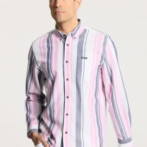Camisa de hombre oxford de rayas estampadas manga larga